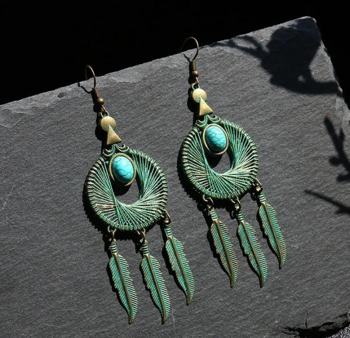 Aretes antiguos bronce verde de seda redonda